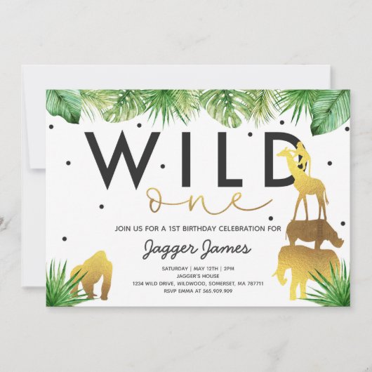 Wild One Birthday Invitation Oerwoud Animals Party Kaart (Voorkant)
