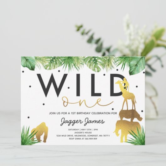 Wild One Birthday Invitation Oerwoud Animals Party Kaart (Staand voorkant)