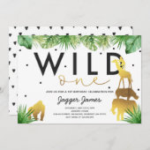 Wild One Birthday Invitation Oerwoud Animals Party Kaart (Voorkant / Achterkant)
