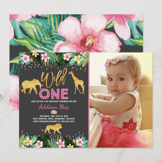 Wild One Birthday Invitation Oerwoud Animals Party Kaart (Voorkant / Achterkant)