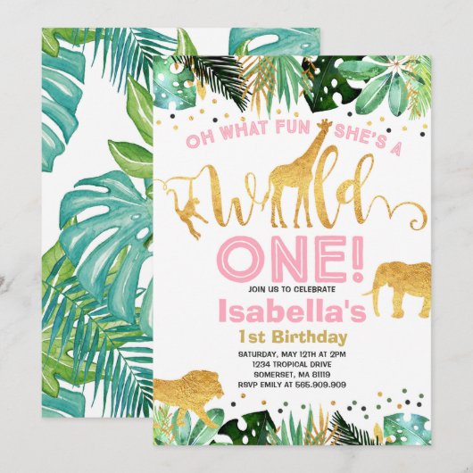 Wild One Birthday Invitation Oerwoud Animals Party Kaart (Voorkant / Achterkant)