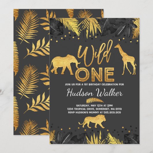 Wild One Birthday Invitation Oerwoud Animals Party Kaart (Voorkant / Achterkant)