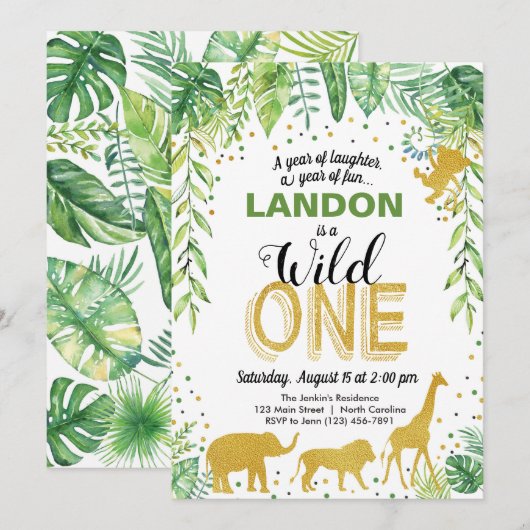 Wild One Birthday Invitation Oerwoud Safari Animal Kaart (Voorkant / Achterkant)