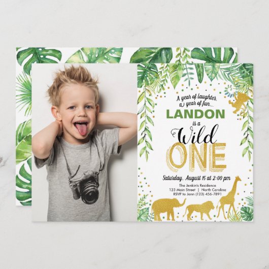 Wild One Birthday Invitation Oerwoud Safari Animal Kaart (Voorkant / Achterkant)