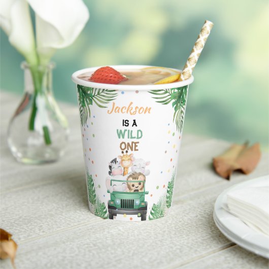 Wild One Birthday Invitation Safari Animals Balloo Papieren Bekers (Insitu)