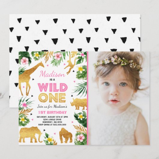 Wild One Birthday Invitation Safari Animals Party Kaart (Voorkant / Achterkant)