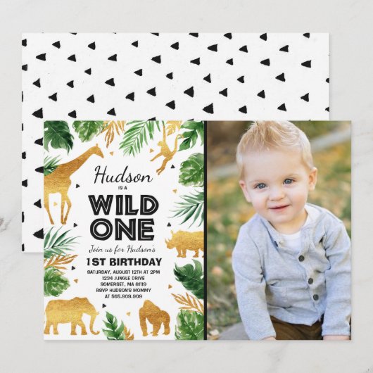 Wild One Birthday Invitation Safari Animals Party Kaart (Voorkant / Achterkant)