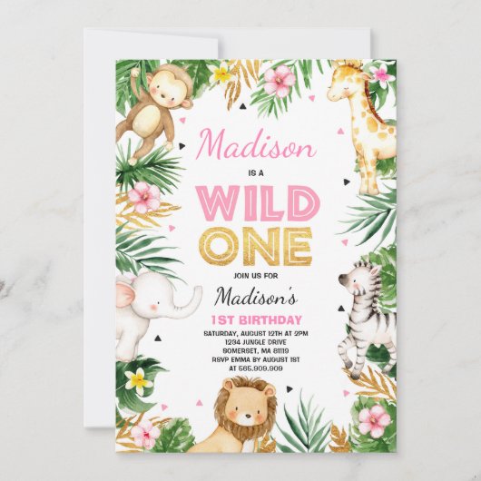 Wild One Birthday Invitation Safari Animals Party Kaart (Voorkant)