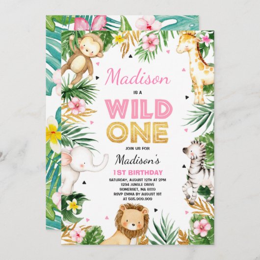 Wild One Birthday Invitation Safari Animals Party Kaart (Voorkant / Achterkant)