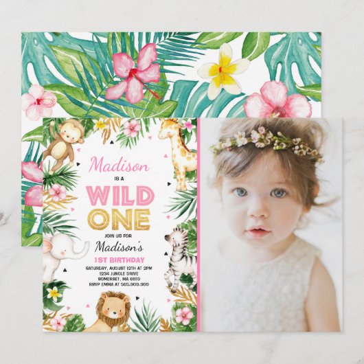 Wild One Birthday Invitation Safari Animals Party Kaart (Voorkant / Achterkant)