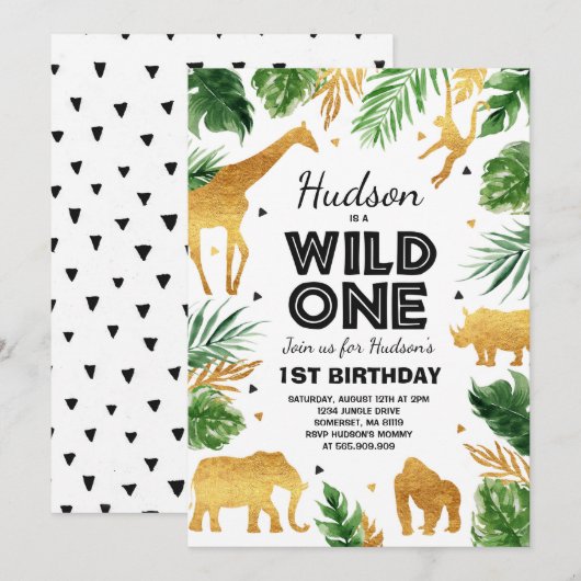 Wild One Birthday Invitation Safari Animals Party Kaart (Voorkant / Achterkant)
