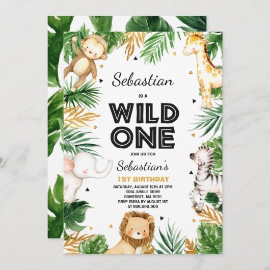 Wild One Birthday Invitation Safari Animals Party Kaart (Voorkant / Achterkant)