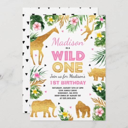 Wild One Birthday Invitation Safari Animals Party Kaart (Voorkant / Achterkant)