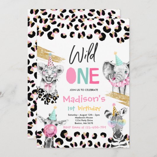Wild One Birthday Leopard Print Safari Animals Kaart (Voorkant / Achterkant)