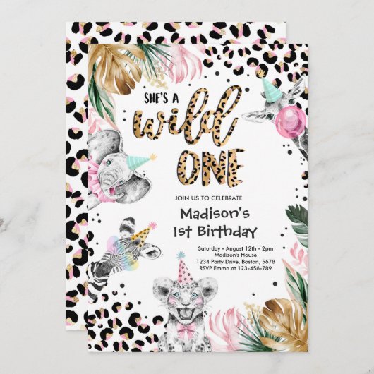 Wild One Birthday Leopard Print Safari Animals Kaart (Voorkant / Achterkant)