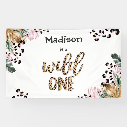 Wild One Birthday Leopard Print Wild Oerwoud Party Spandoek (Horizontaal)