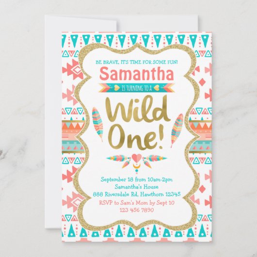 Wild One Birthday, meisje 1 verjaardag, stam Kaart (Voorkant)