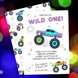 Wild One Birthday Modern Kinder Monster Car Trucks Kaart