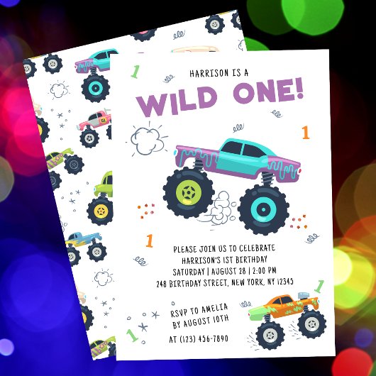 Wild One Birthday Modern Kinder Monster Car Trucks Kaart