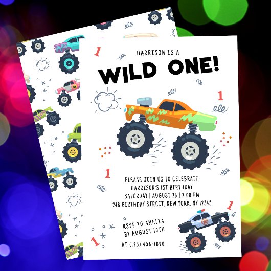 Wild One Birthday Modern Kinder Monster Car Trucks Kaart