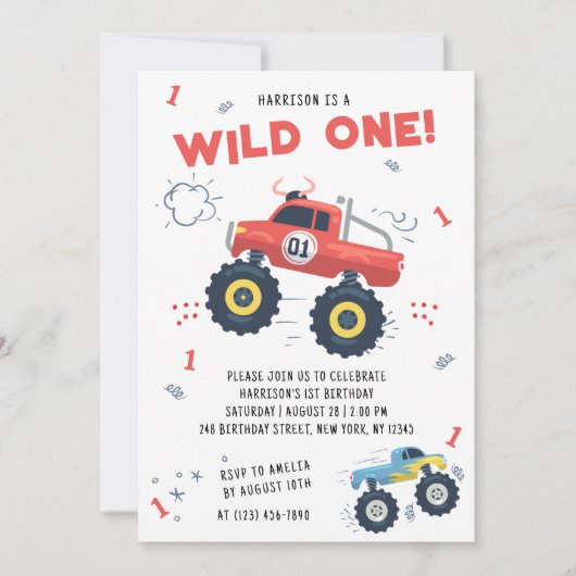 Wild One Birthday Modern Kinder Monster Car Trucks Kaart (Voorkant)