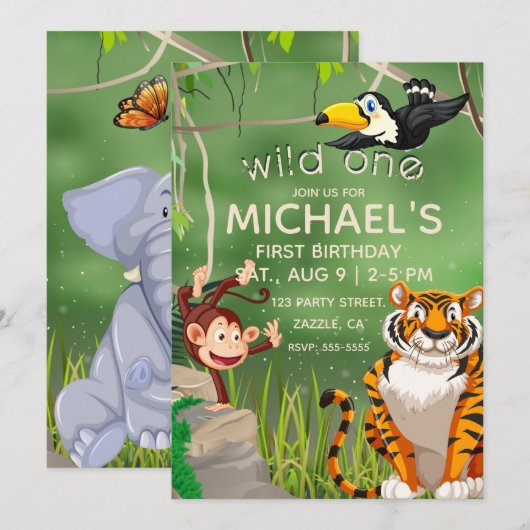 Wild One Birthday Oerwoud Animals Party Kaart (Voorkant / Achterkant)