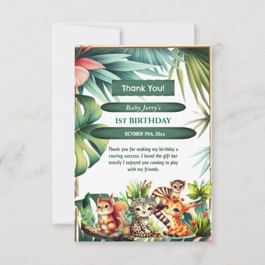 Wild One Birthday Oerwoud Safari Tropisch groen Bedankkaart (Voorkant)