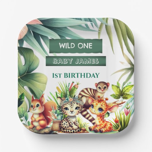 Wild One Birthday Oerwoud Safari Tropisch groen Papieren Bordje (Voorkant)