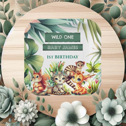 Wild One Birthday Oerwoud Safari Tropisch groen Papieren Bordje