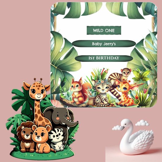 Wild One Birthday Oerwoud Safari Tropisch groen Vierkante Sticker