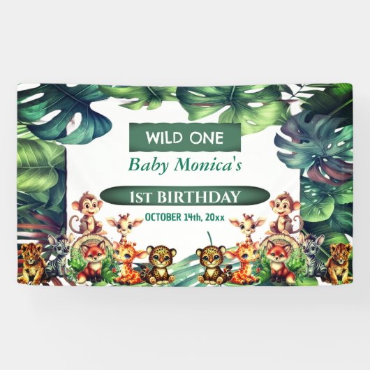 Wild One Birthday Oerwoud Safari Tropische bladere Spandoek (Horizontaal)