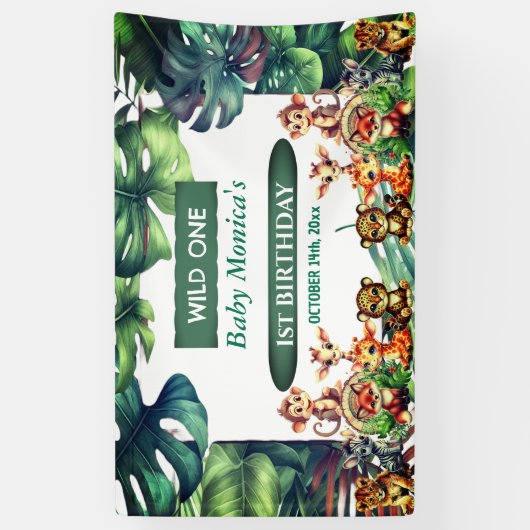 Wild One Birthday Oerwoud Safari Tropische bladere Spandoek (Verticaal)