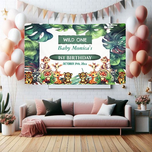 Wild One Birthday Oerwoud Safari Tropische bladere Spandoek