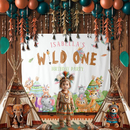 Wild One Birthday Party Achtergrond met dieren Wandkleed