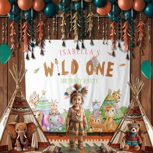 Wild One Birthday Party Achtergrond met dieren Wandkleed