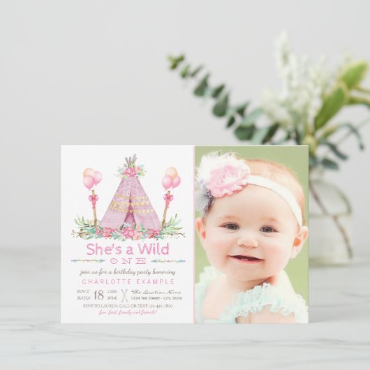 Wild One Birthday Party Roze Tipi 1e Verjaardag Kaart (Staand voorkant)