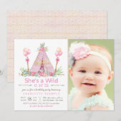 Wild One Birthday Party Roze Tipi 1e Verjaardag Kaart (Voorkant / Achterkant)