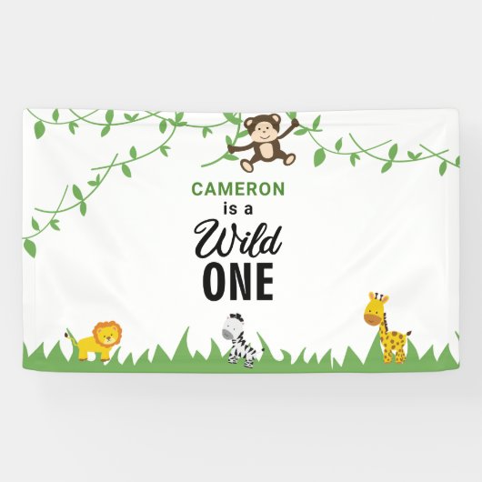 Wild One Birthday Safari Oerwoud Dieren Spandoek (Horizontaal)