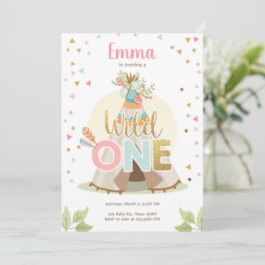 Wild One Birthday Teepee Boho Tribal Pink Girl Kaart (Staand voorkant)