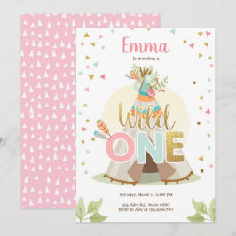 Wild One Birthday Teepee Boho Tribal Pink Girl Kaart