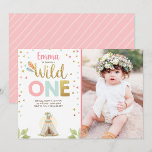 Wild One Birthday Teepee Boho Tribal Pink Girl Kaart