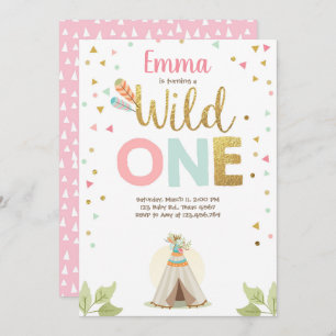 Wild One Birthday Teepee Boho Tribal Pink Girl Kaart