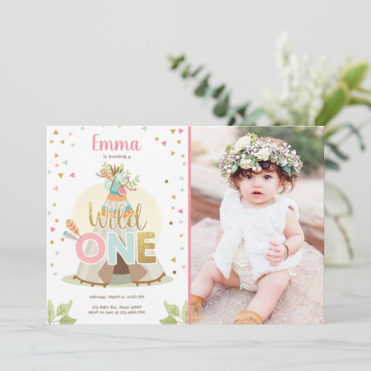 Wild One Birthday Teepee Boho Tribal Pink Girl Kaart (Staand voorkant)