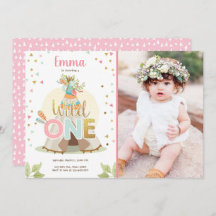 Wild One Birthday Teepee Boho Tribal Pink Girl Kaart