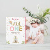 Wild One Birthday Tipi Boho Tribal Pink Girl Kaart (Staand voorkant)