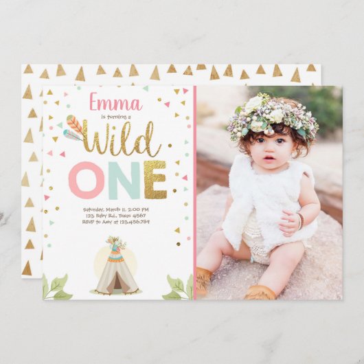 Wild One Birthday Tipi Boho Tribal Pink Girl Kaart (Voorkant / Achterkant)