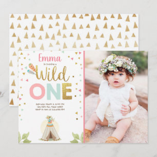 Wild One Birthday Tipi Boho Tribal Pink Girl Kaart