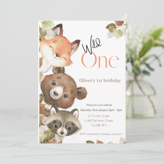 Wild One Birthday-uitnodiging - Woodland Animals Kaart (Staand voorkant)