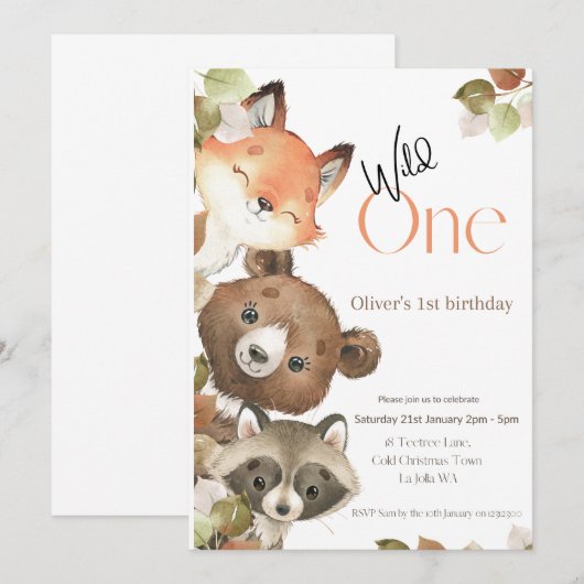 Wild One Birthday-uitnodiging - Woodland Animals Kaart (Voorkant / Achterkant)