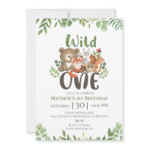 Wild One Birthday Woodland Animals Greenery Invita